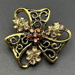 Yellow Gold with Champagne and Brown Topaz Crystal Ornate Flower Pin Back Brooch
